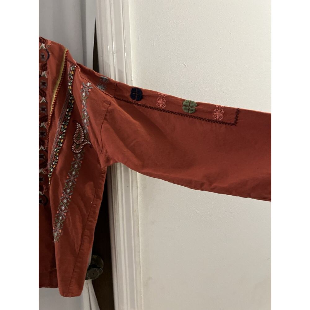 Zara Rust Floral Embroidered V Neck Popover Shirt Sz S Boho Peasant Linen Blend - Picture 3 of 10